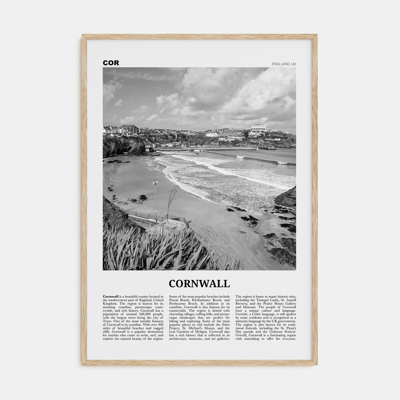 Cornwall Poster Natural Wood / 8x12 in Nbourhood Travel B&W Poster