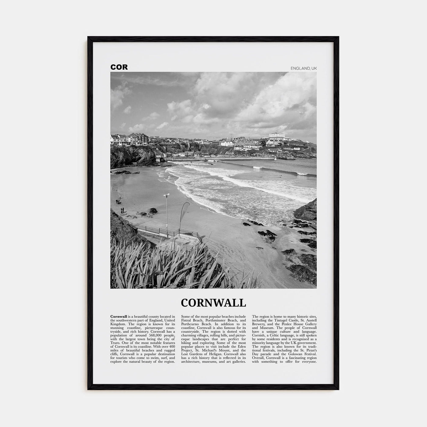 Cornwall Poster Black Wood / 8x12 in Nbourhood Travel B&W Poster