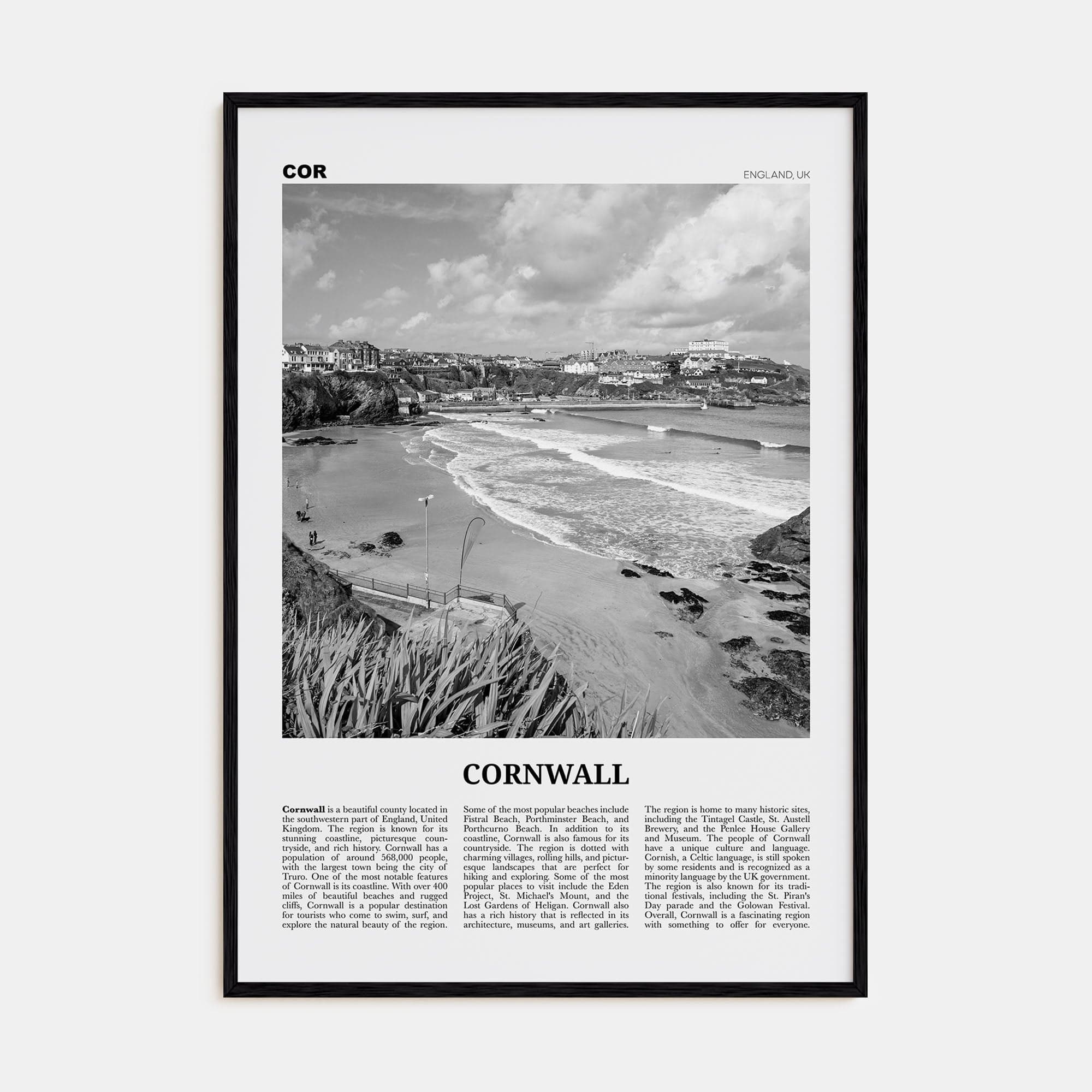 Cornwall Poster Black Wood / 8x12 in Nbourhood Travel B&W Poster