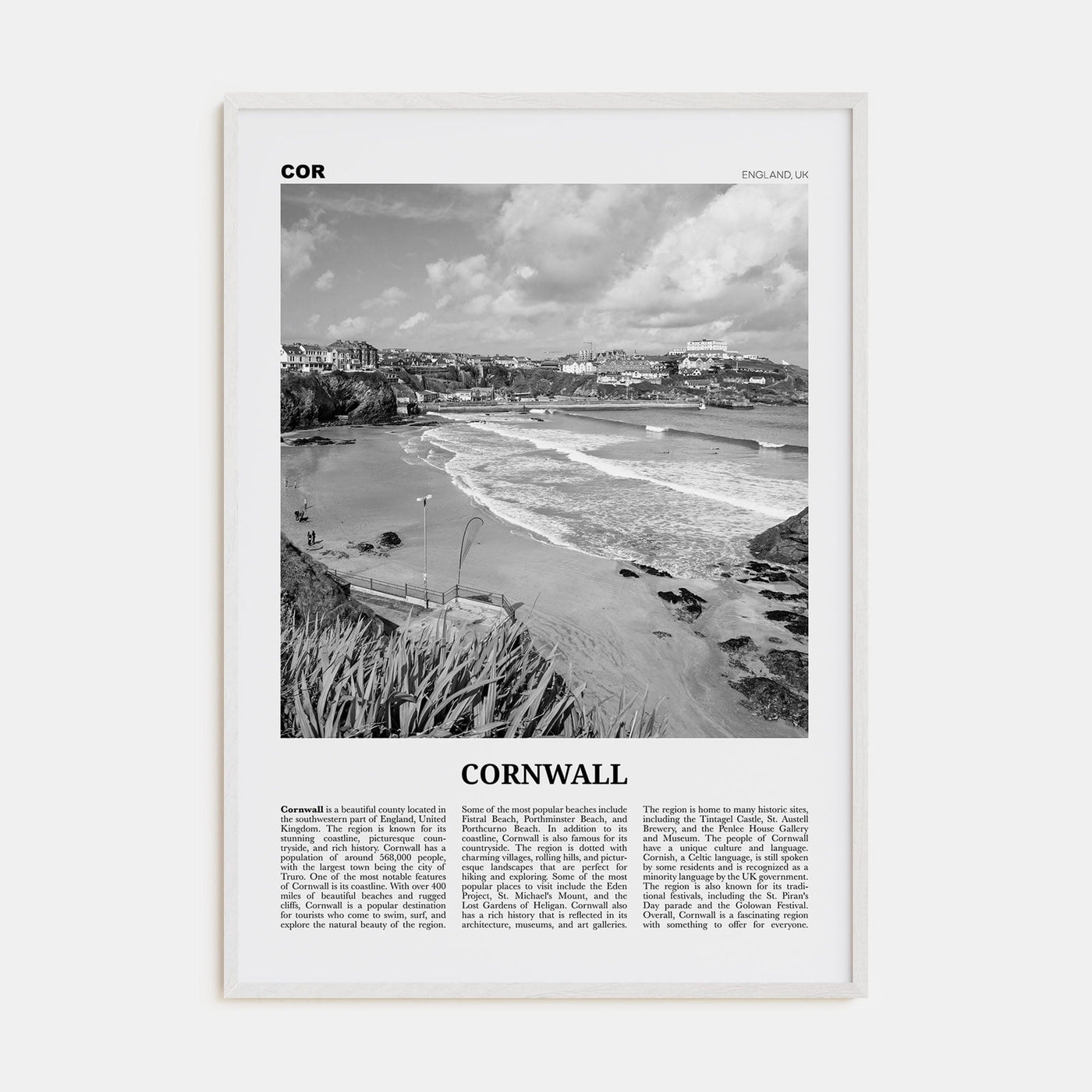 Cornwall Poster White Wood / 8x12 in Nbourhood Travel B&W Poster