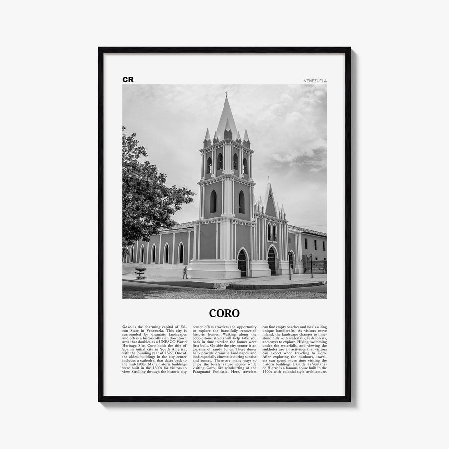 Coro black & white newspaper poster of Venezuela – vertical wall art, unframed print shown in interior mockup