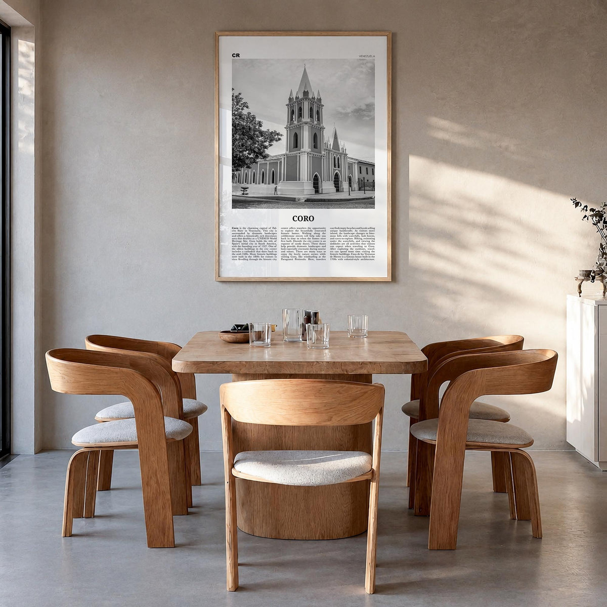 Coro black & white newspaper poster of Venezuela – vertical wall art in natural wood frame, hanging on wall