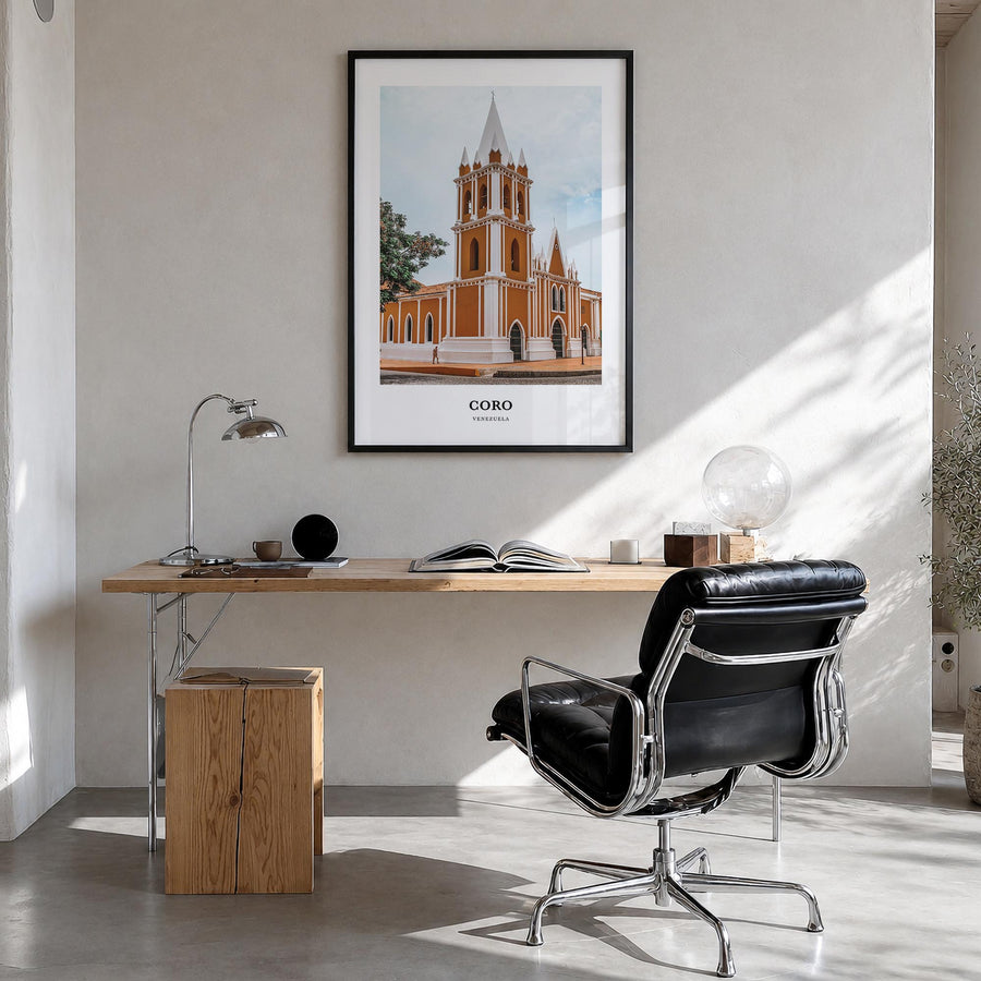 Coro colorful classic poster of Venezuela – vertical wall art in black wood frame, hanging on wall