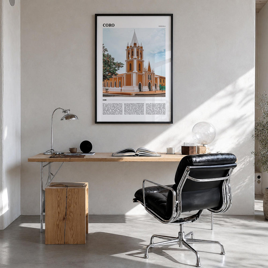 Coro colorful travel poster of Venezuela – vertical wall art in black wood frame, hanging on wall