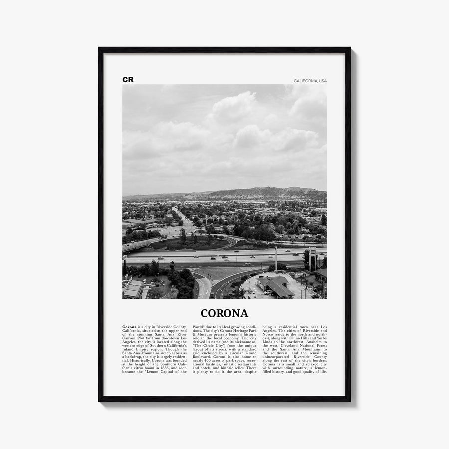 Corona black & white newspaper poster of California, USA – vertical wall art, unframed print shown in interior mockup