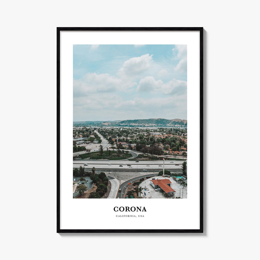 Corona colorful classic poster of California, USA – vertical wall art, unframed print shown in interior mockup