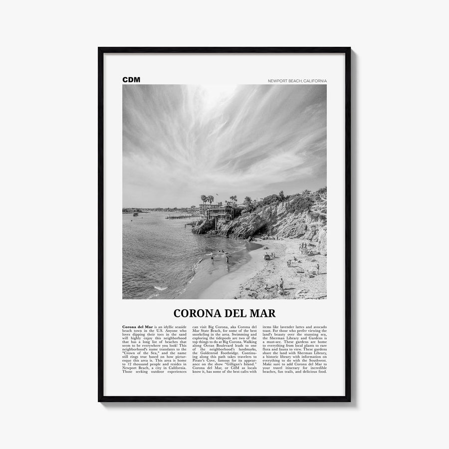 Corona del Mar black & white newspaper poster of Newport Beach, California – vertical wall art, unframed print shown in inter