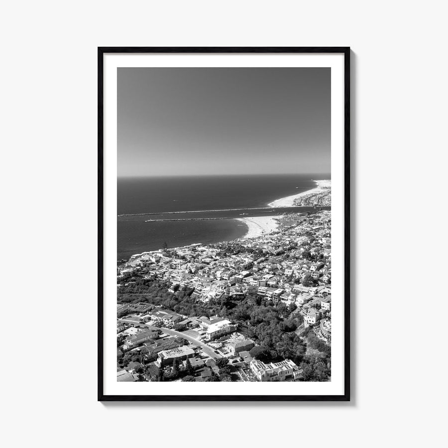 Corona del Mar black & white photo poster of Newport Beach, California – vertical wall art, unframed print shown in interior 