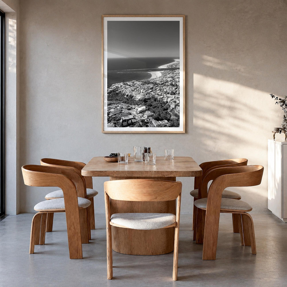 Corona del Mar black & white photo poster of Newport Beach, California – vertical wall art in natural wood frame with white b