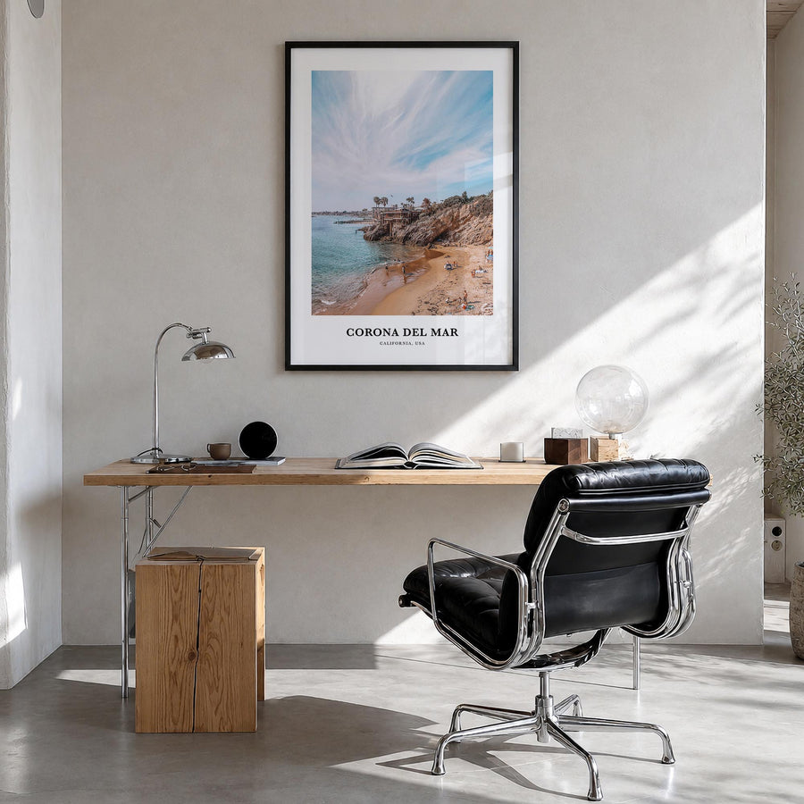 Corona del Mar colorful classic poster of Newport Beach, California – vertical wall art in black wood frame, hanging on wall