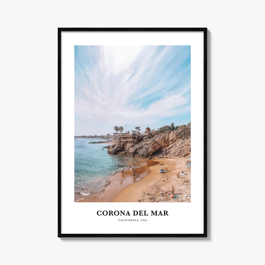 Corona del Mar colorful classic poster of Newport Beach, California – vertical wall art, unframed print shown in interior moc