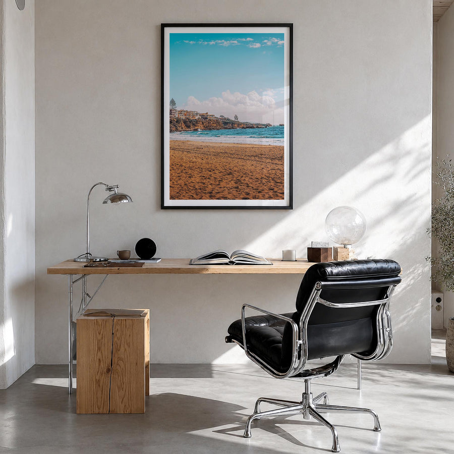 Corona del Mar colorful photo poster of Newport Beach, California – vertical wall art in black wood frame with white border, 