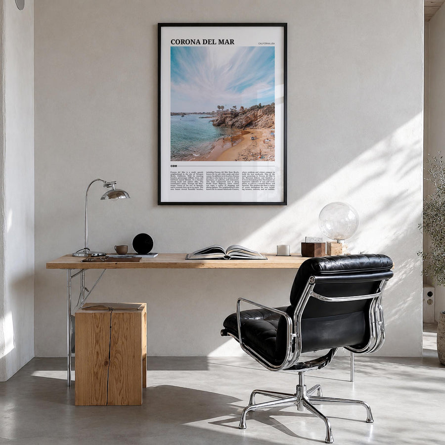 Corona del Mar colorful travel poster of Newport Beach, California – vertical wall art in black wood frame, hanging on wall