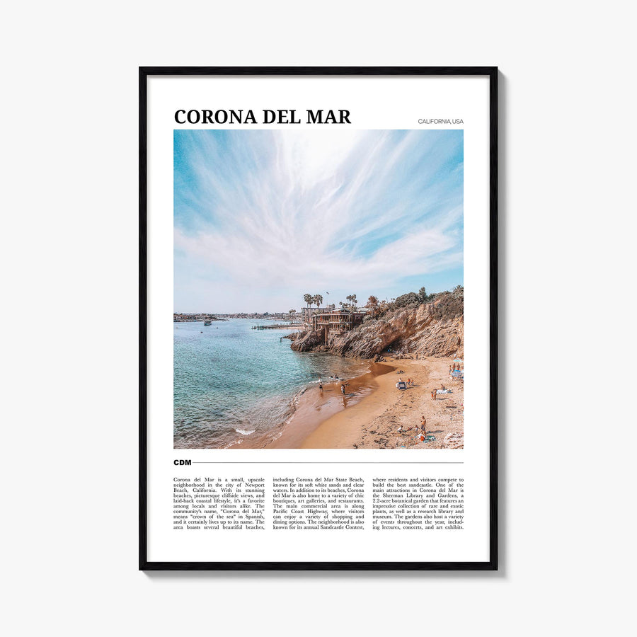 Corona del Mar colorful travel poster of Newport Beach, California – vertical wall art, unframed print shown in interior mock