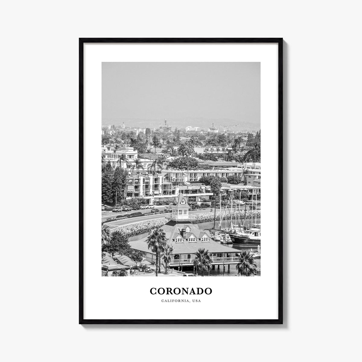 Coronado black & white classic poster of California, USA – vertical wall art, unframed print shown in interior mockup