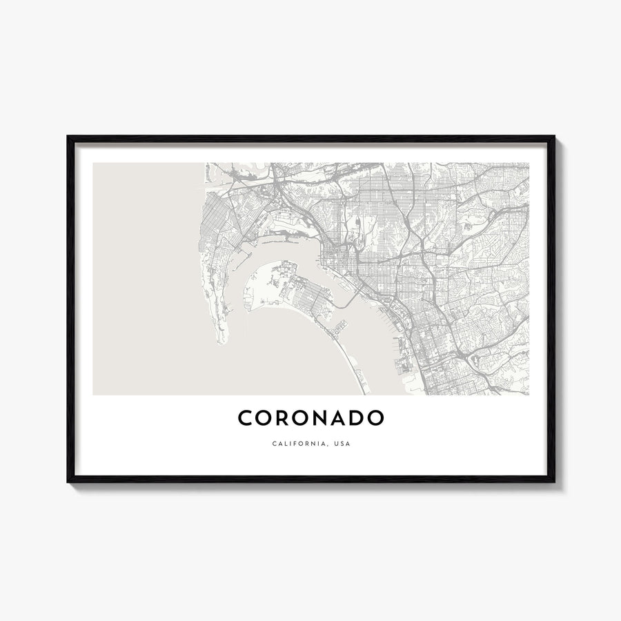 Coronado black & white map poster of California, USA – horizontal wall art, unframed print shown in interior mockup