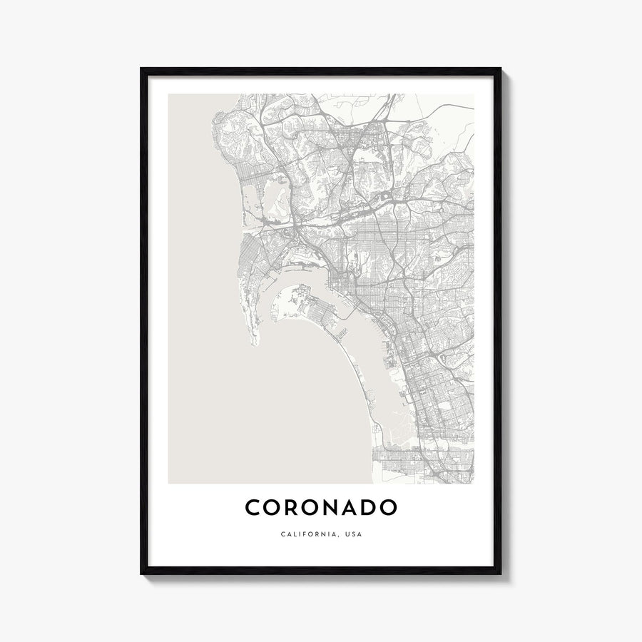Coronado black & white map poster of California, USA – vertical wall art, unframed print shown in interior mockup