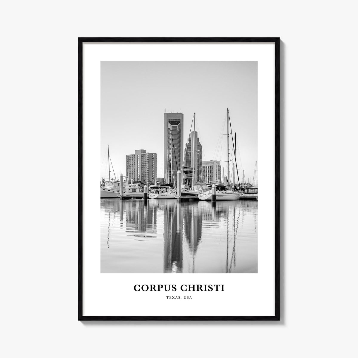 Corpus Christi black & white classic poster of Texas, USA – vertical wall art, unframed print shown in interior mockup