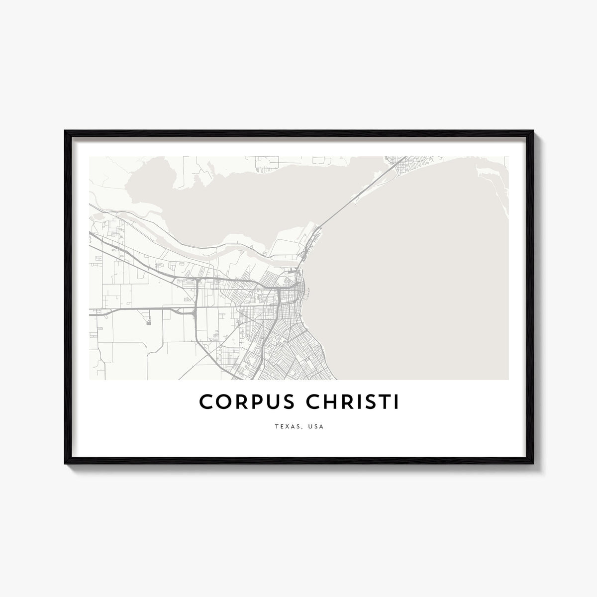 Corpus Christi black & white map poster of Texas, USA – horizontal wall art, unframed print shown in interior mockup
