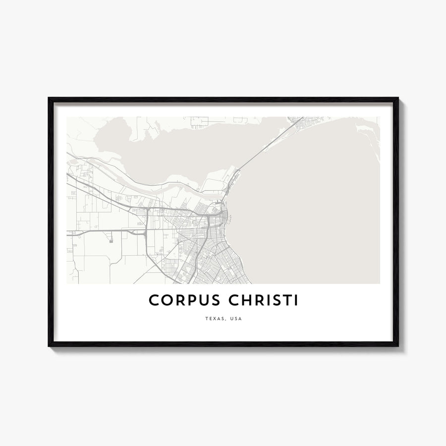 Corpus Christi black & white map poster of Texas, USA – horizontal wall art, unframed print shown in interior mockup