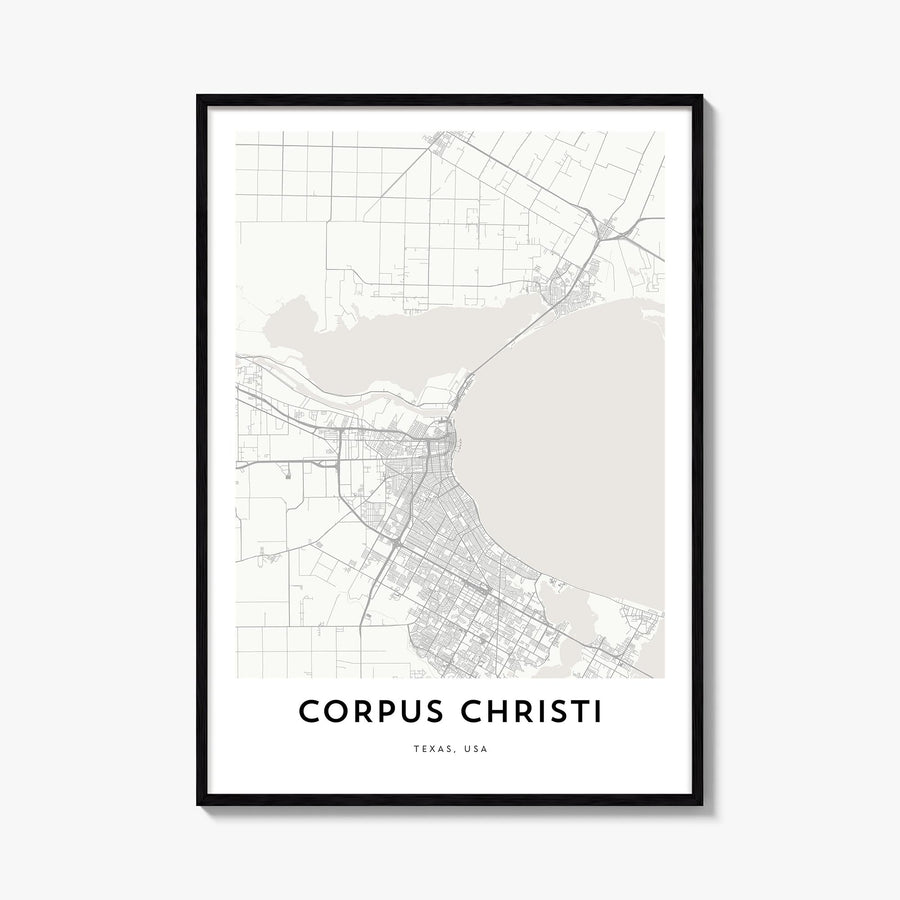 Corpus Christi black & white map poster of Texas, USA – vertical wall art, unframed print shown in interior mockup