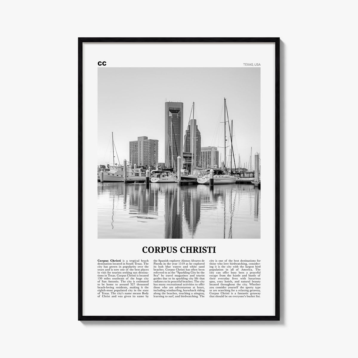Corpus Christi black & white newspaper poster of Texas, USA – vertical wall art, unframed print shown in interior mockup
