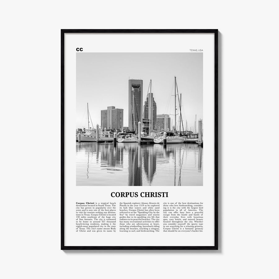 Corpus Christi black & white newspaper poster of Texas, USA – vertical wall art, unframed print shown in interior mockup