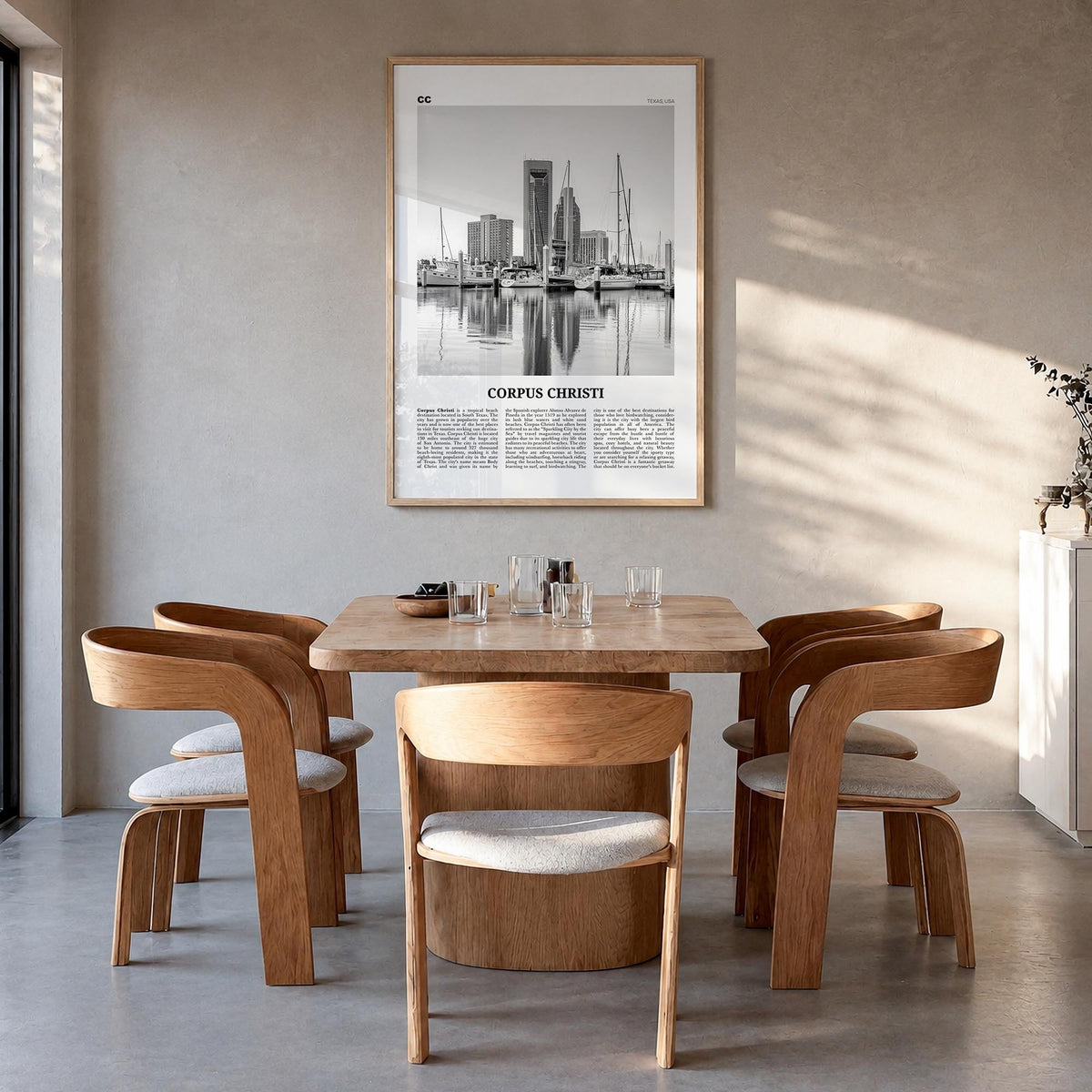 Corpus Christi black & white newspaper poster of Texas, USA – vertical wall art in natural wood frame, hanging on wall