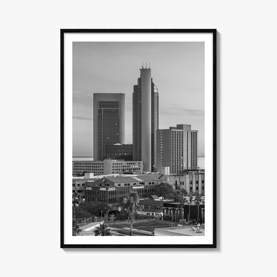 Corpus Christi black & white photo poster of Texas, USA – vertical wall art, unframed print shown in interior mockup