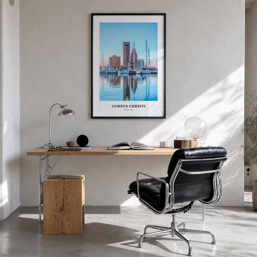 Corpus Christi colorful classic poster of Texas, USA – vertical wall art in black wood frame, hanging on wall