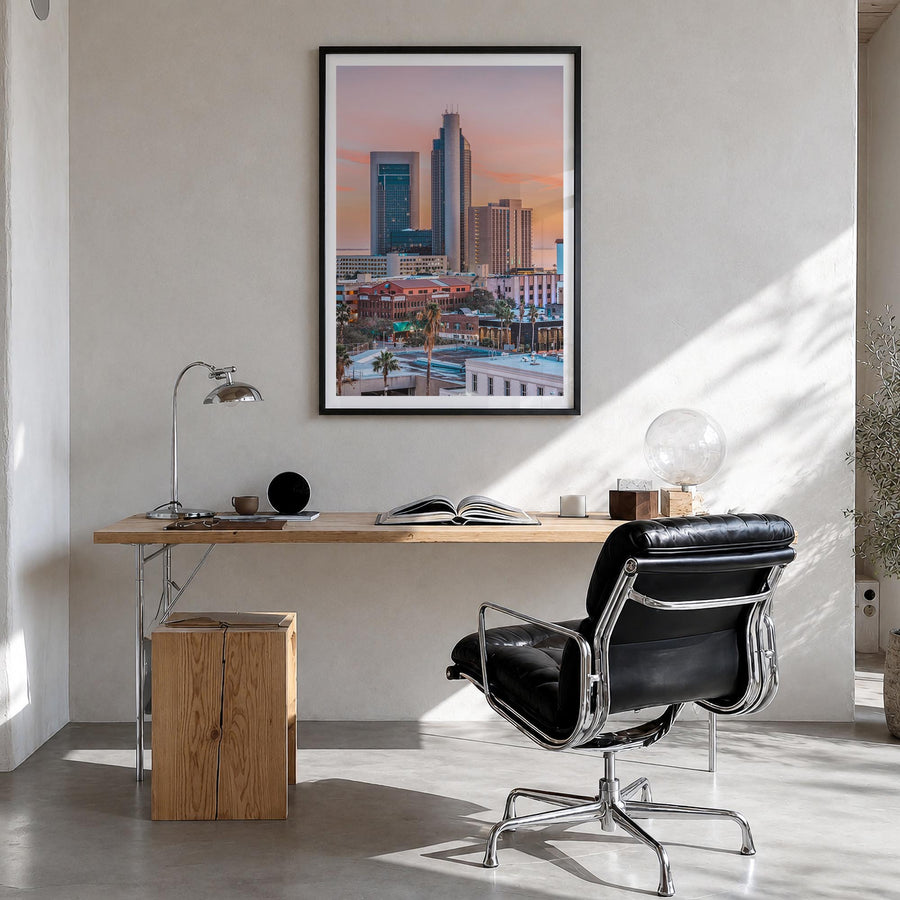 Corpus Christi colorful photo poster of Texas, USA – vertical wall art in black wood frame with white border, hanging on wall