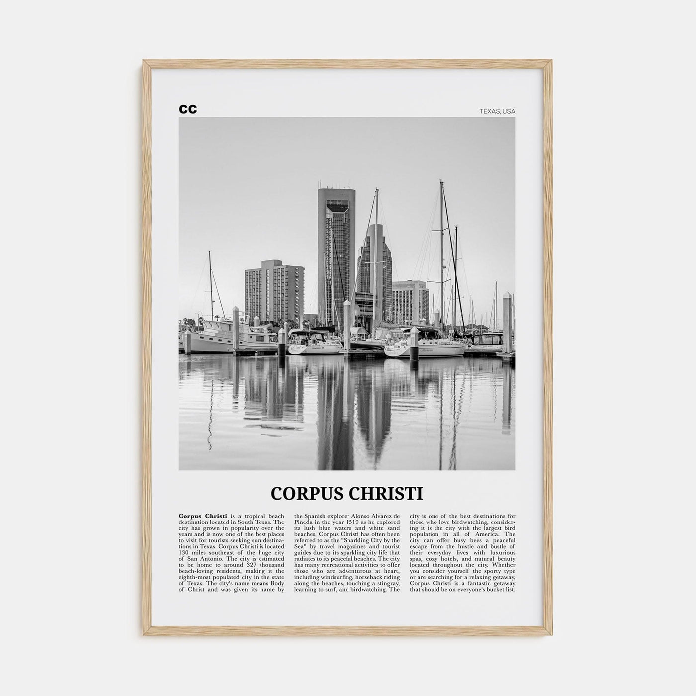 Corpus Christi Poster Natural Wood / 8x12 in Nbourhood Travel B&W Poster