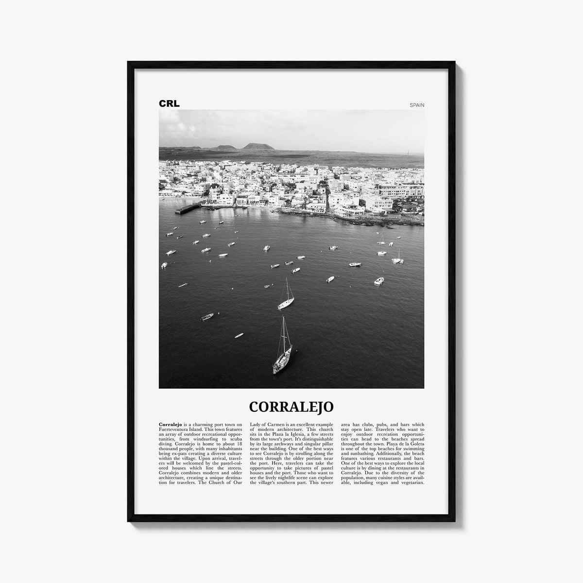 Corralejo black & white newspaper poster of Spain – vertical wall art, unframed print shown in interior mockup