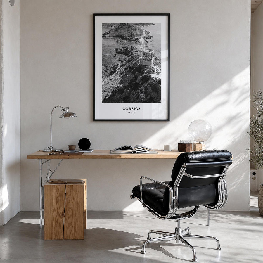 Corsica black & white classic poster of France – vertical wall art in black wood frame, hanging on wall