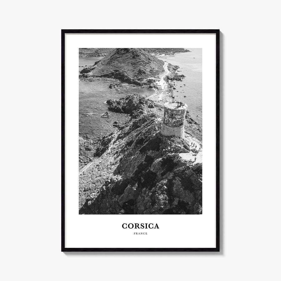 Corsica black & white classic poster of France – vertical wall art, unframed print shown in interior mockup