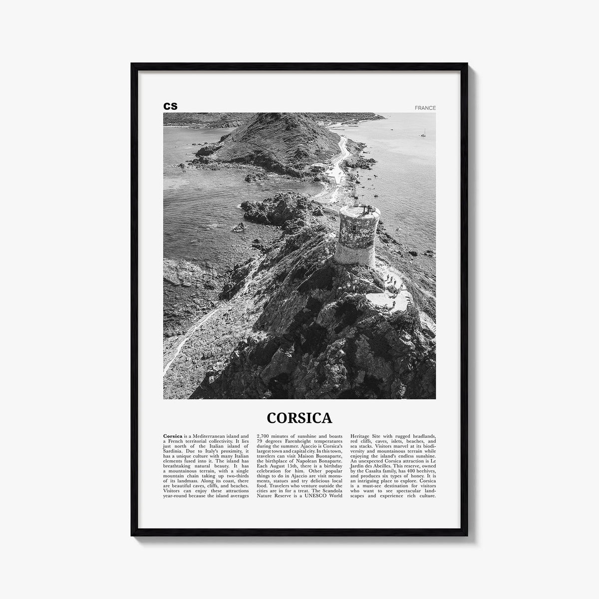 Corsica black & white newspaper poster of France – vertical wall art, unframed print shown in interior mockup