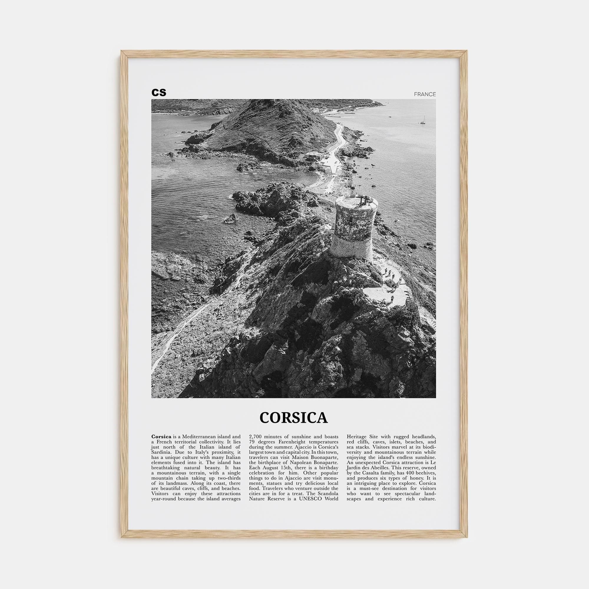 Corsica Poster Natural Wood / 8x12 in Nbourhood Travel B&W Poster