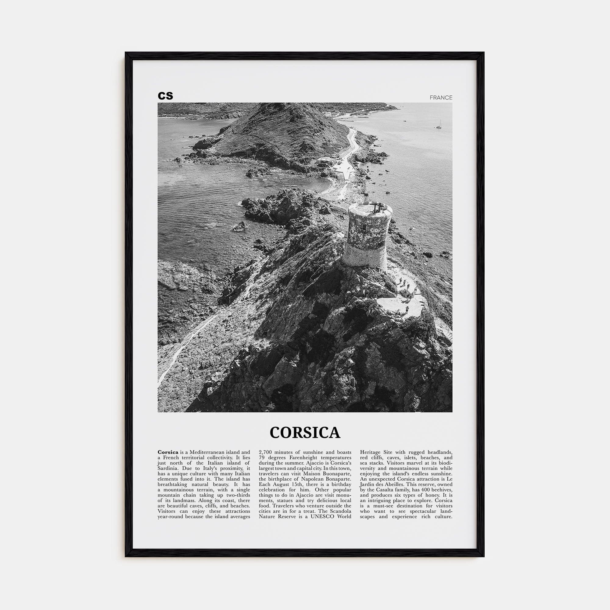 Corsica Poster Black Wood / 8x12 in Nbourhood Travel B&W Poster