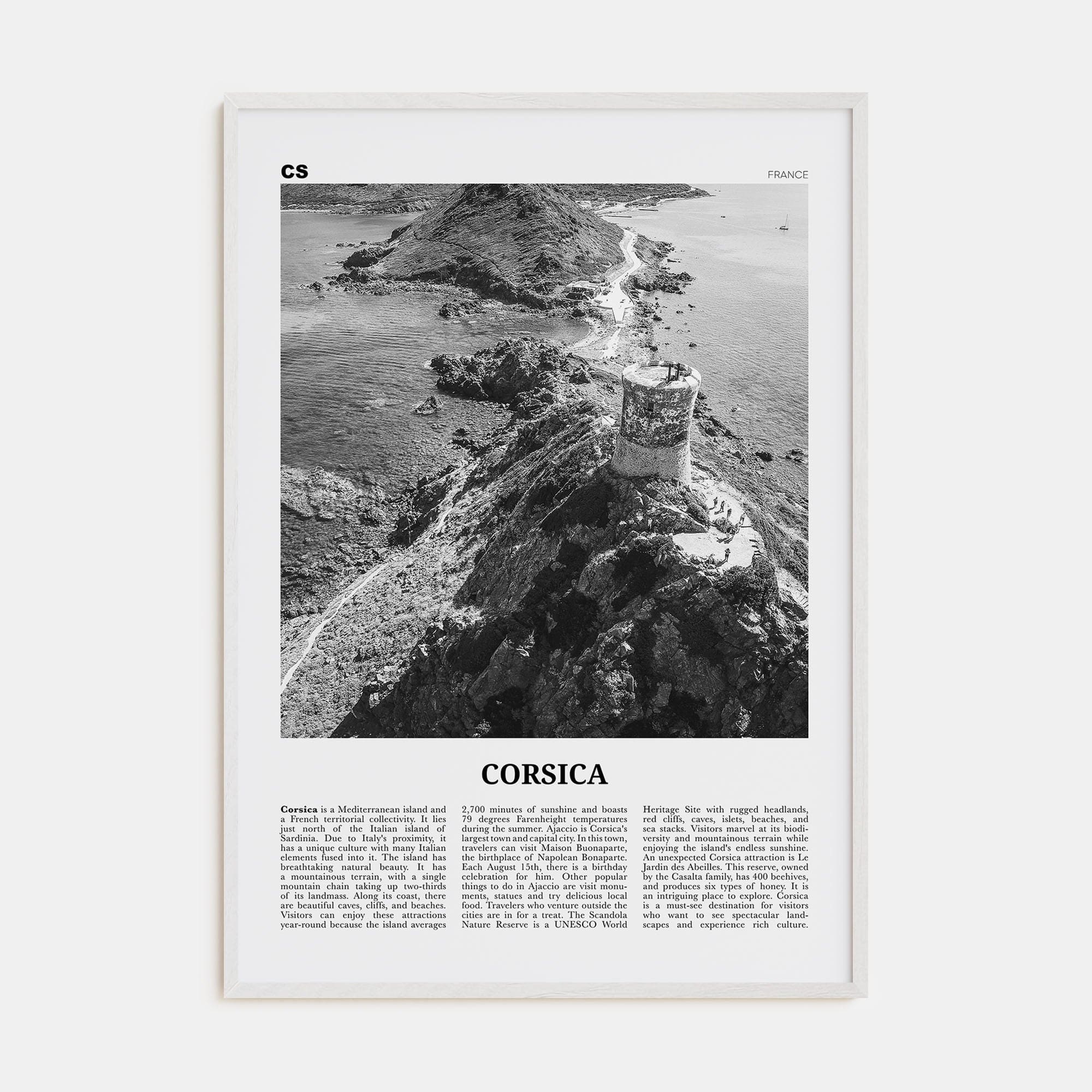 Corsica Poster White Wood / 8x12 in Nbourhood Travel B&W Poster