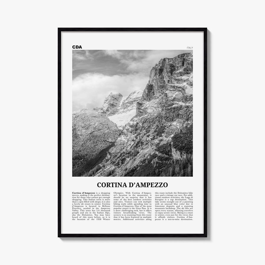 Cortina d'Ampezzo black & white newspaper poster of Italy – vertical wall art, unframed print shown in interior mockup