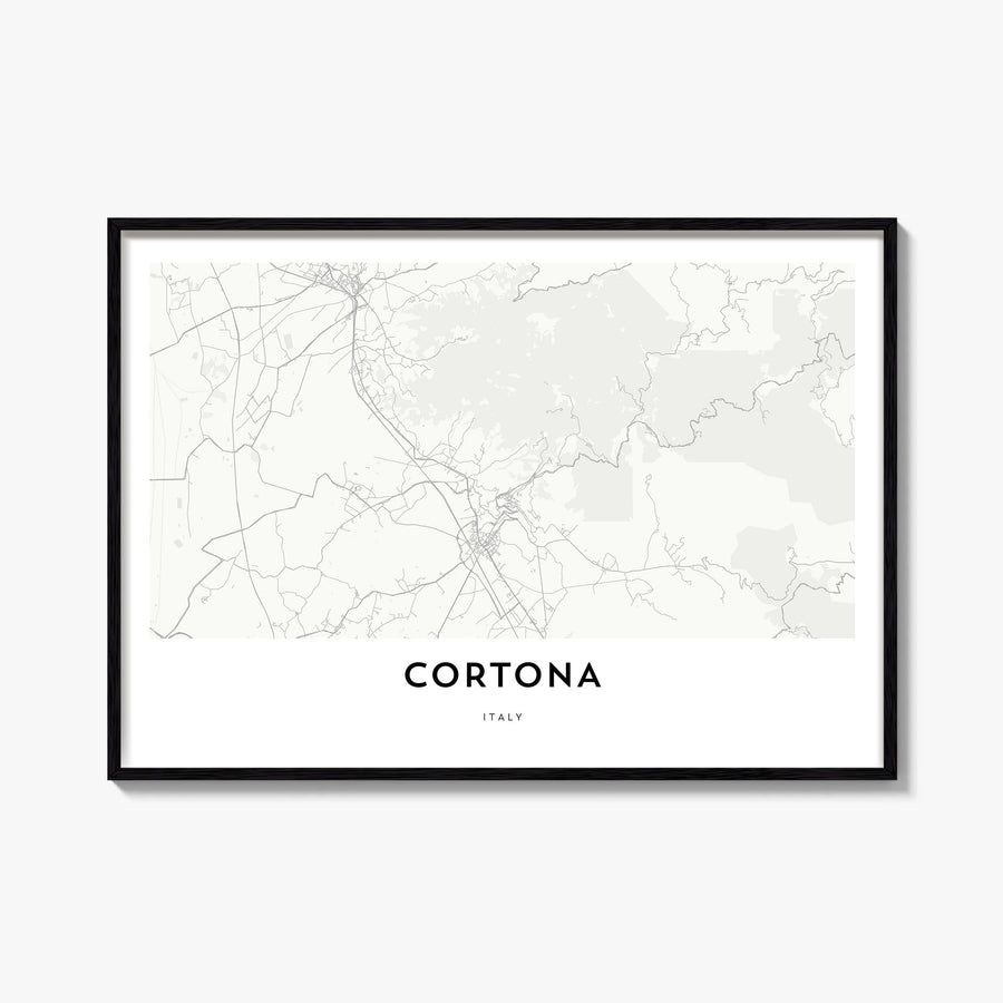 Cortona black & white map poster of Italy – horizontal wall art, unframed print shown in interior mockup