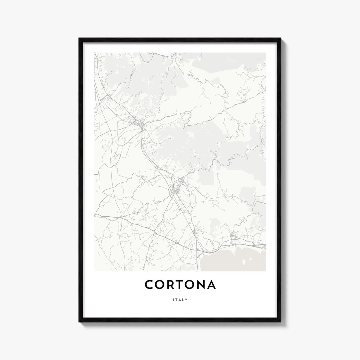 Cortona black & white map poster of Italy – vertical wall art, unframed print shown in interior mockup