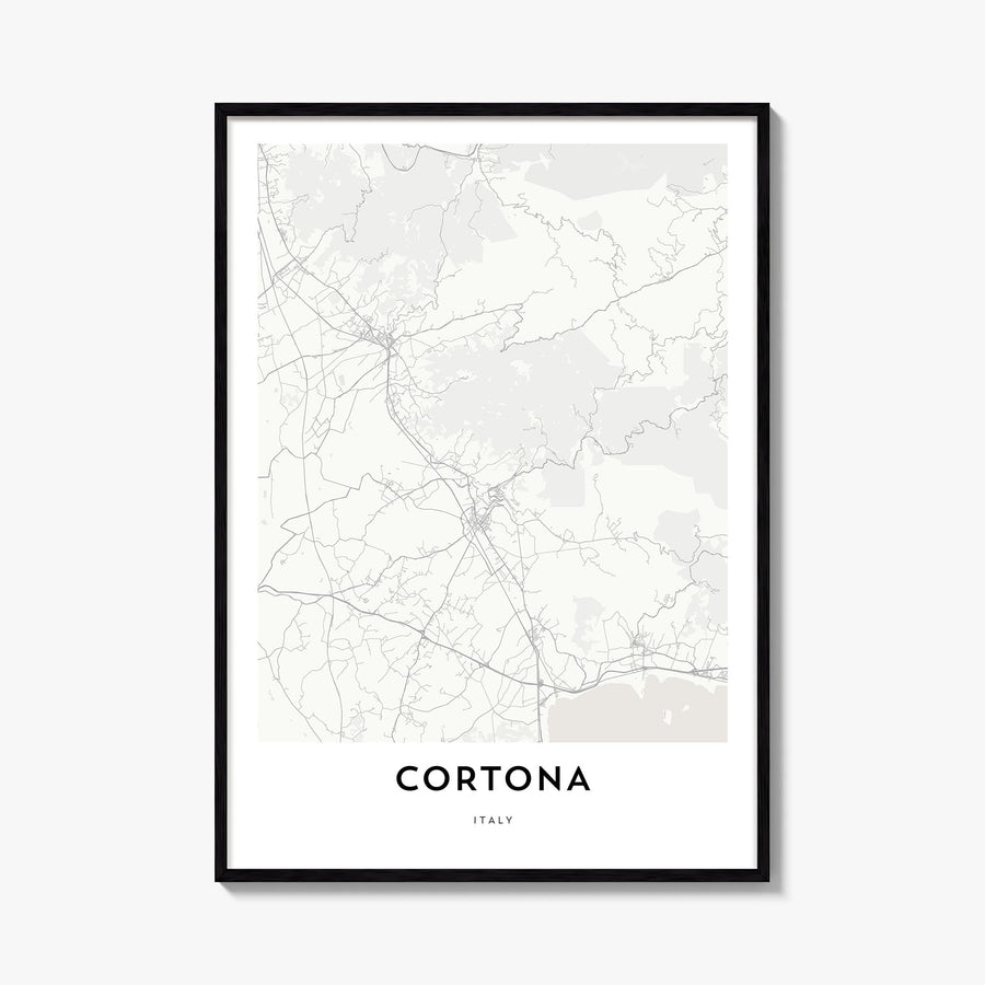 Cortona black & white map poster of Italy – vertical wall art, unframed print shown in interior mockup