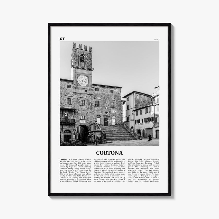 Cortona black & white newspaper poster of Italy – vertical wall art, unframed print shown in interior mockup