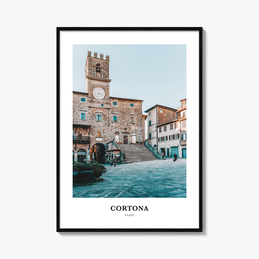 Cortona colorful classic poster of Italy – vertical wall art, unframed print shown in interior mockup