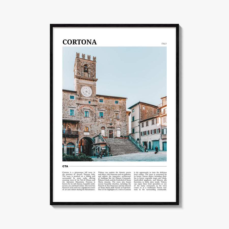 Cortona colorful travel poster of Italy – vertical wall art, unframed print shown in interior mockup