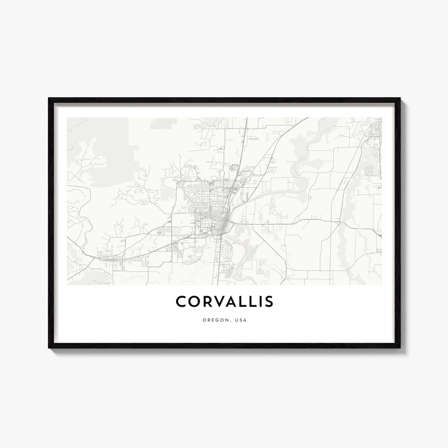 Corvallis black & white map poster of Oregon, USA – horizontal wall art, unframed print shown in interior mockup