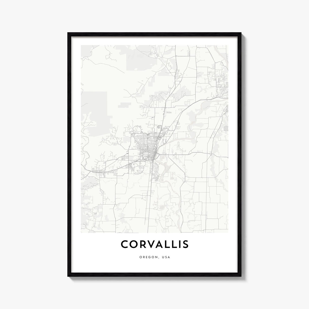 Corvallis black & white map poster of Oregon, USA – vertical wall art, unframed print shown in interior mockup