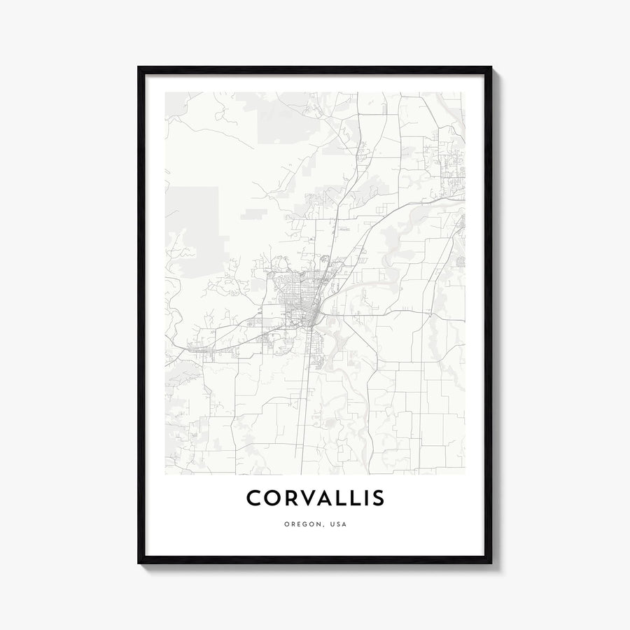 Corvallis black & white map poster of Oregon, USA – vertical wall art, unframed print shown in interior mockup