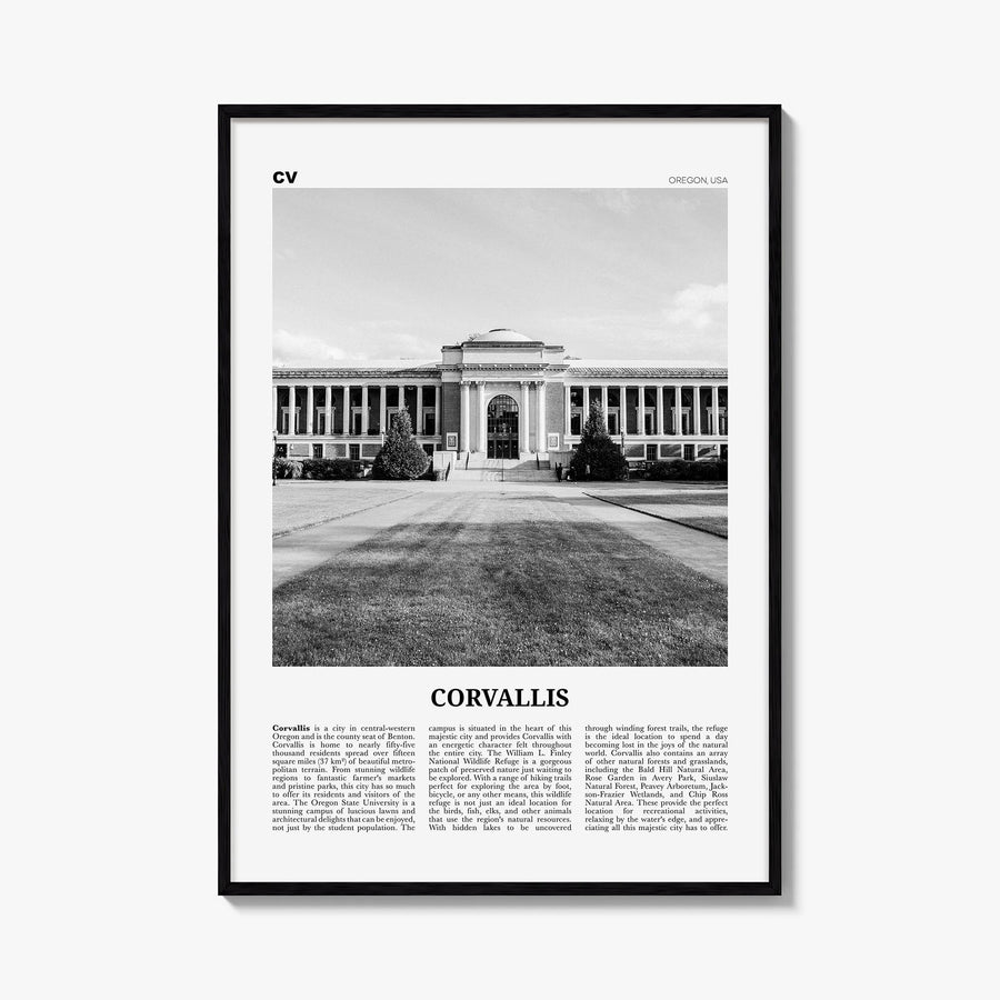 Corvallis black & white newspaper poster of Oregon, USA – vertical wall art, unframed print shown in interior mockup